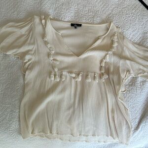 1.state cream colored tassel blouse. Cropped size for high waisted bottoms.